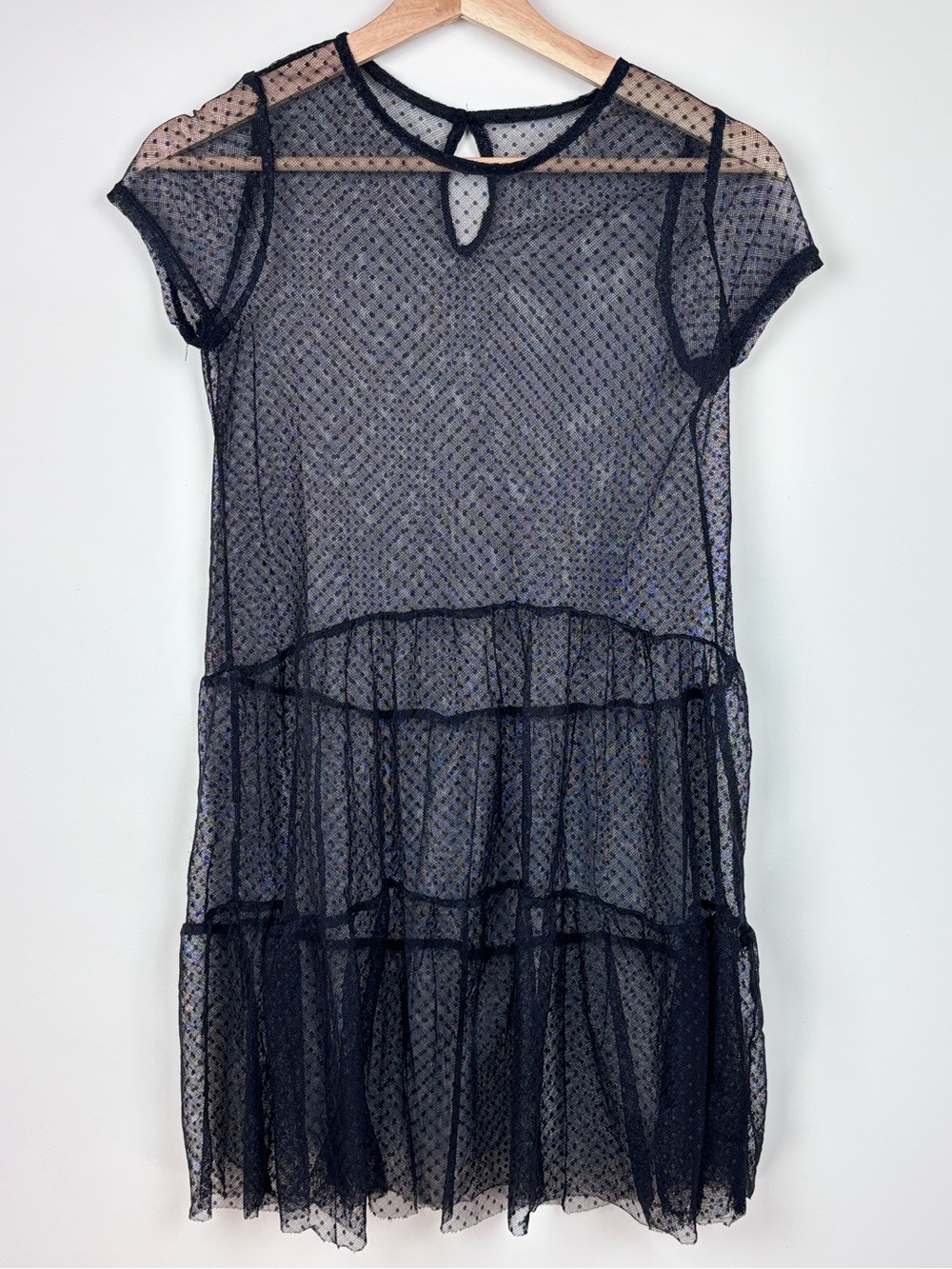 Black Mesh Polka Dot Mini Dress | Drop Waist Ruffle Hem | Keyhole Back
